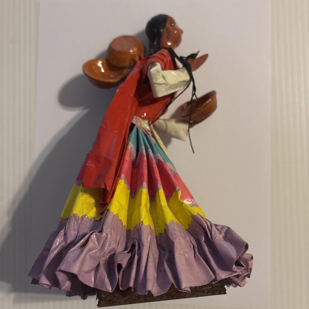 Vintage Mexican Folk Art Paper Mache Woman Figurine Carrying Pots Hand Painted